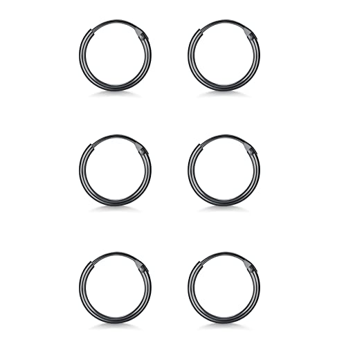 EPIRORA Sterling Silver Hoop Earrings for Women Men, Hypoallergenic Cartilage Earring Endless Small Hoop Earrings Set, 3 Pairs Tragus Earrings (8mm/10mm/12mm) - style: 8# 3 Pairs(8mm*3)-Black