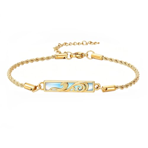 Waves/Tree of Life/Mushrooms/Moon Phase/Butterfly/Hummingbird Bracelet/Anklet 925 Sterling Silver Adjustable Abalone Shell Bar Bracelet/Anklet Summer Jewelry Gifts for Women - color: Waves-Moonstone-Yellow Gold, size: Bracele 7"+2"