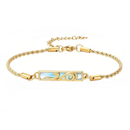 Waves/Tree of Life/Mushrooms/Moon Phase/Butterfly/Hummingbird Bracelet/Anklet 925 Sterling Silver Adjustable Abalone Shell Bar Bracelet/Anklet Summer Jewelry Gifts for Women - color: Waves-Moonstone-Yellow Gold, size: Bracele 7"+2"