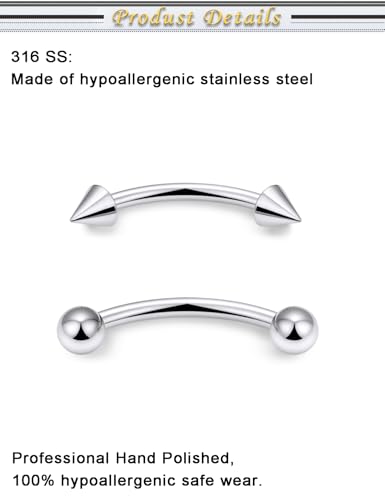 Eyebrow Piercing Jewelry Surgical Steel Vertical Labret Lip Jewelry Curved Barbell Tiny Eyebrow Ring Ear Rook Navel Small Belly Button Ring for Women Men 16g Bar Length 6mm/8mm/10mm/12mm - color: silvertone,ball+spike