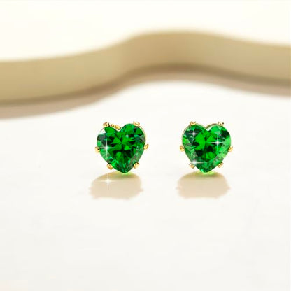8mm Heart-Cut Birthstone Stud Earrings for Women – 18K Gold Plated Hypoallergenic Cubic Zirconia Earrings, Nickel Free, 12 Months Colors, Everyday Jewelry, Gift for Her, Bridal, Birthday, Christmas - color: 05 May Emerald