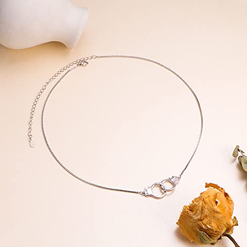 Yearace Choker Necklaces for Women S925 Sterling Silver Sideways Cross/Butterfly/Handcuffs/Infinity Interlocking/Chakra Choker Necklace Dainty Sideways Cross Necklace Jewelry Gift - style: Handcuffs 14+4''