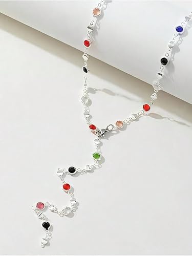 Colorful Crystal Long Necklace for Women Dainty Boho Y-Shaped Color Bead Necklaces Sparkly Rhinestone Pendant Layered Gold Long Chain Choker Good Luck Trend Jewelry Gift Jewelry - color: Silver