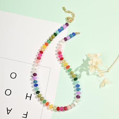 Boho Gemstone Beaded Necklace for Women – Colorful Natural Stone Choker 18K Solid Heart-Shaped Pendant, Summer Beach Jewelry - color: All things cute