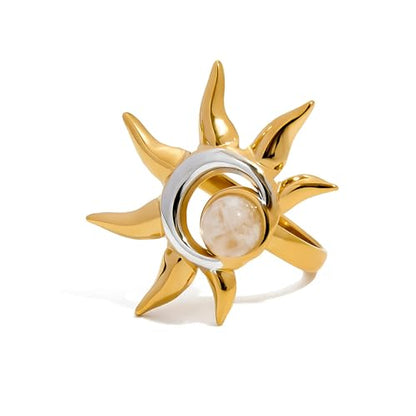Sun and Moon Adjustable Ring for Women Stainless Steel Open Band Statement Ring Gold and Silver Celestial Jewelry Gift