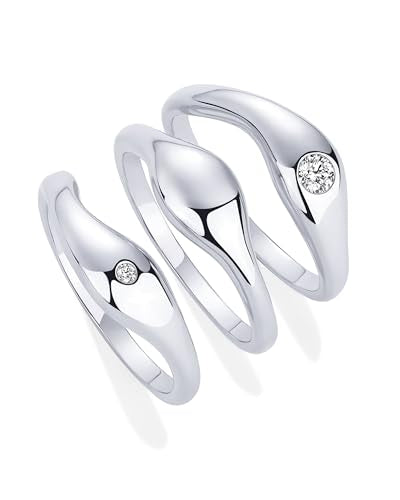 PAVOI 14K Gold Plated Chunky Stackable Rings Set for Women | Cubic Zirconia Bands Set | 3 Statement Rings Pack - color: White Gold, size: 5, style: CZ