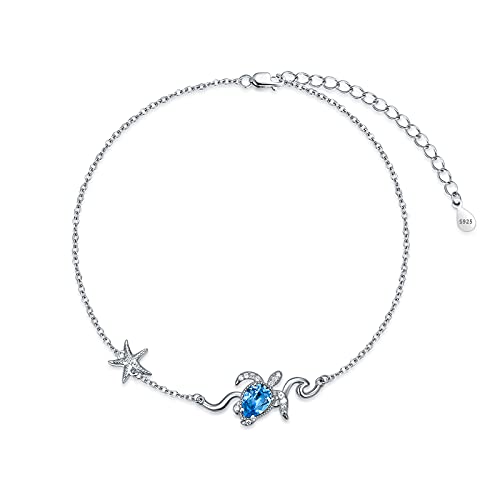 925 Sterling Silver Anklet Foot Bracelet with Crystal from Austria, Anklet Jewelry Gifts for Women 11 Inch Adjustable - style: B-Sea Turtle