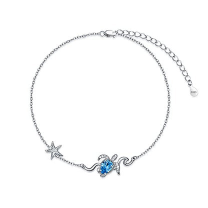 925 Sterling Silver Anklet Foot Bracelet with Crystal from Austria, Anklet Jewelry Gifts for Women 11 Inch Adjustable - style: B-Sea Turtle