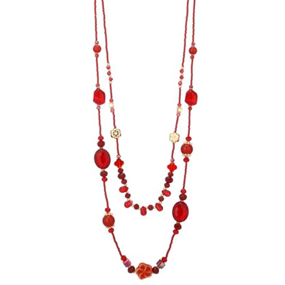 FULU AUTUMN Long Layered Beaded Necklaces for Women Statement Double Bead Strand Ceramic Flower Boho Jewelry Gifts for Mom - color: Red