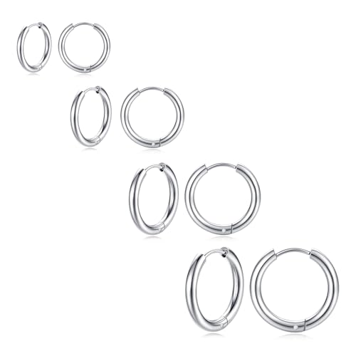 Silver Gold Hoop Earrings for Women Men, 316L Surgical Stainless Steel Huggie Hoop Earrings Set Hypoallergenic Small Cartilage Earrings Lightweight Hoop Earrings Huggie Set - color: 4 Pair Small Silver-8/10/12/14mm