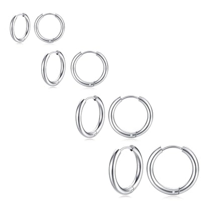 Silver Gold Hoop Earrings for Women Men, 316L Surgical Stainless Steel Huggie Hoop Earrings Set Hypoallergenic Small Cartilage Earrings Lightweight Hoop Earrings Huggie Set - color: 4 Pair Small Silver-8/10/12/14mm