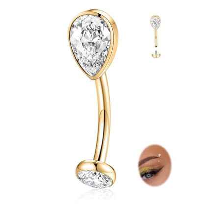 GAGABODY G23 Titanium Eyebrow Rings 16G Curved Barbell Lip Ring Rook Earrings for Women Belly Ring Vertical Labret Jewelry Tragus Helix Daith Earring Belly Piercing - color: 1Pc-Waterdrop Shape Gold+Clear CZ