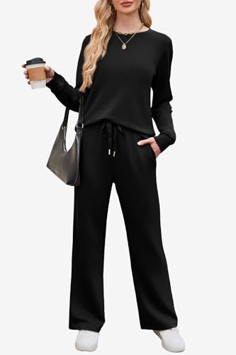WIHOLL Lounge Sets for Women 2 Piece Travel Vacation Outfits Fall 2026 Sweatsuit Tracksuit - color: Black, size: X-Large