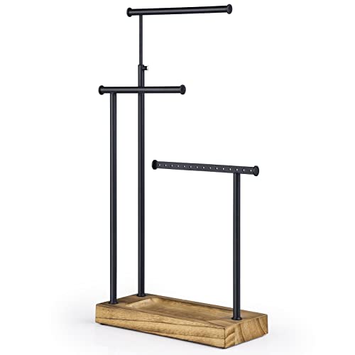 SRIWATANA Carbonized Black Jewelry Organizer Stand, Tall Necklace Holder | 3-Tier 360° Rotating Tall Jewelry Tree with Adjustable Height for Necklaces, Earrings, Bracelets, and Ring Tray - color: carbonized black and black