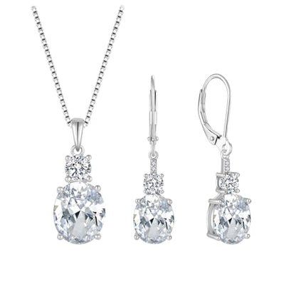 Cubic Zirconia Jewelry Set for Women 925 Sterling Silver Oval Cut Necklace Dangle Drop Leverback Earrings April Birthstone Jewelry for Her