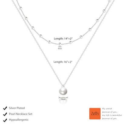 Zeffy Gold Pearl Necklace for Women, Dainty 14K Gold/Silve Plated Layered Pearl Choker Pearl Earrings Pearl Bracelets Wedding Trendy Gold Jewelry Set for Women Gifts - style: Silver Pearl Necklace-2PCS