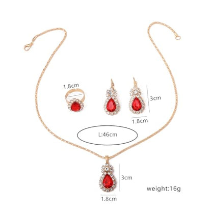 Teardrop/Heart Crystal Jewelry Set for Women, Gold Tone Rhinestone Necklace Earrings Ring Set, Wedding Bridal Prom Party Jewelry Gift - color: Pink (teardrop)