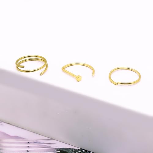 3 Pcs 14K Gold Filled Nose Studs 20G Stainless Steel Stud Nose Ring 2mm/2.5mm/3mm Round CZ L Bend Nose Stud Hypoallergenic Nose Piercing - color: gold hoop stud 10
