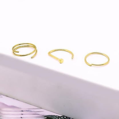 3 Pcs 14K Gold Filled Nose Studs 20G Stainless Steel Stud Nose Ring 2mm/2.5mm/3mm Round CZ L Bend Nose Stud Hypoallergenic Nose Piercing - color: gold hoop stud 10