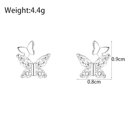Silver Double Butterfly Crystal Stud Earrings, Dainty Shining Birthstone Birthday Gift Tiny Earrings, Sparkling Zircon Jewelry