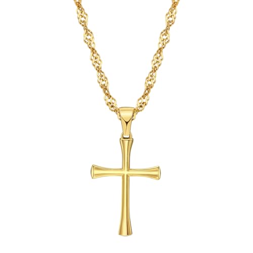 Small Cross Pendant Necklace for Women, 18" + 2" Wave Chain Stainless Steel - color: Gold