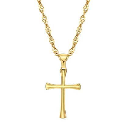 Small Cross Pendant Necklace for Women, 18" + 2" Wave Chain Stainless Steel - color: Gold