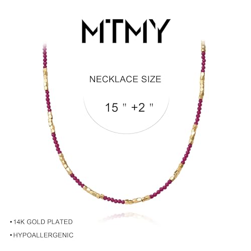 MTMY Beaded Gemstone Choker Necklace for Women | 14K Gold Plated, Colorful Natural Stone, Bead Chain, Boho Summer Beach, Handmade Jewelry - color: Ruby