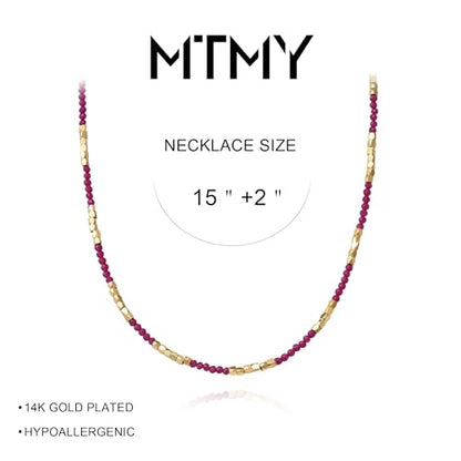 MTMY Beaded Gemstone Choker Necklace for Women | 14K Gold Plated, Colorful Natural Stone, Bead Chain, Boho Summer Beach, Handmade Jewelry - color: Ruby