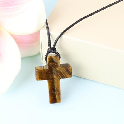 FANASY Natural Gemstone Pendant Necklace for Men Healing Crystal Pendant Adjustable Black Rope Necklace Jewelry Gifts for Women Men - color: X- Cross Tiger's Eye