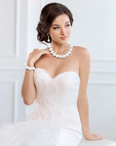 Pearl Jewelry Set for Women Faux Pearl Costume Jewelry Set with Necklace, Bracelets, Ring, Earrings for Wedding Bridal Birthday Tea Party - color: White Chunky