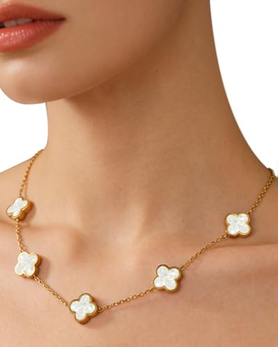 Four Leaf Clover Necklace 18K Gold Plated Necklaces for Women Lucky Flower Pendant Adjustable Link Chain Stainless Steel Dainty Trendy Simple Jewelry Gifts for Women - color: 5G-Single White