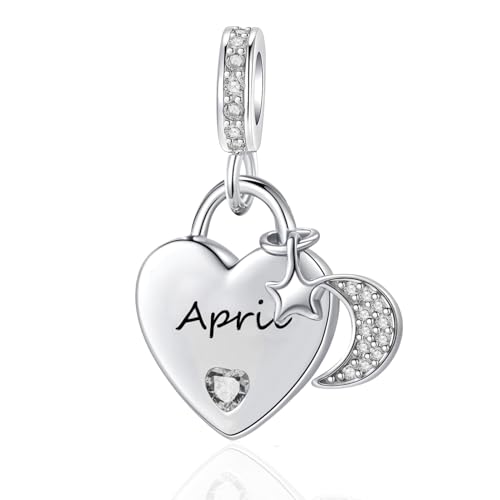 12 Months Birthstone Heart Charm Moon and Star Pendant Bead Compatible with Pandora Bracelet Women - style: April