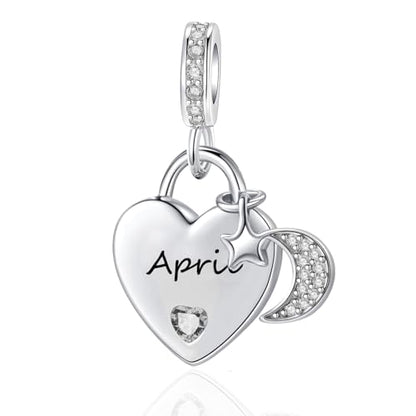 12 Months Birthstone Heart Charm Moon and Star Pendant Bead Compatible with Pandora Bracelet Women - style: April