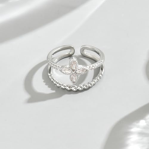 Adjustable Rings for Women 18K Gold Plated daisy Flower Butterfly Ball Cubic Zirconia Rings Dainty Open Stacking Ring - color: Flower CZ-White Gold