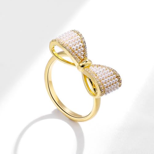 Pearl CZ Bow Statement Open Finger Ring for Women - Gold Plated Dainty Crystal Bowknot Adjustable Rings Wedding Engagement Promise Bands Elegant Jewelry Birthday