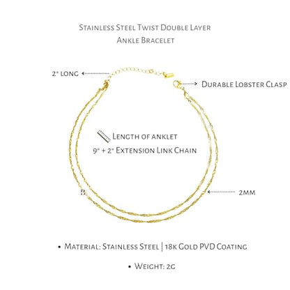 Stainless Steel Chain Ankle Bracelet for Women Adjustable Waterproof Anklet - color: Gold / Double Layer Twist