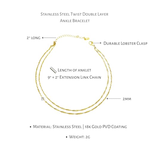 Stainless Steel Chain Ankle Bracelet for Women Adjustable Waterproof Anklet - color: Gold / Double Layer Twist