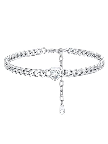 ChainsHouse Cuban Chain Anklets for Women with Heart Birthstone Jan - Dec | Stainless Steel Black Link Chain Ankle Bracelet with Birthstone, Beach Women Anklet 22cm-27cm Adjustable, with Gift Box - color: 04. Apr.-Clear Crystal-Steel