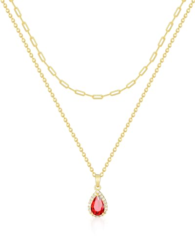 Gold Layered Necklaces for Women, 18k Gold Plated Crystal Necklace Paperclip Choker Emerald Green Jewelry for Women Gifts - color: Red Water Drop