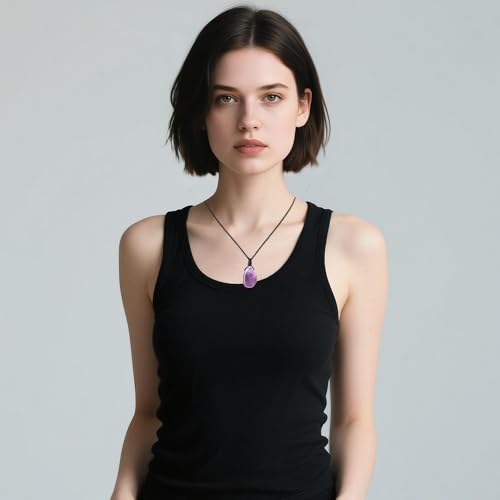 FANASY Natural Gemstone Pendant Necklace Healing Crystal Stone Choker Necklace Adjustable Waxed Black Rope for Women Men - color: Amethyst