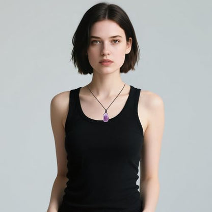 FANASY Natural Gemstone Pendant Necklace Healing Crystal Stone Choker Necklace Adjustable Waxed Black Rope for Women Men - color: Amethyst