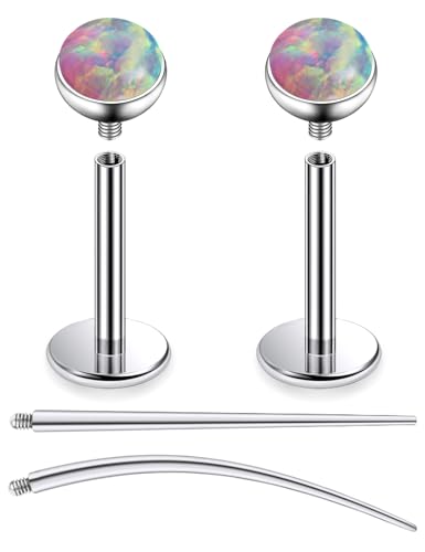 F136 Titanium 20/18/16G Internally Threaded Flat Back Multicolor Opal Stud Earrings Nose Rings Lip Labret Medusa Monroe Piercing Jewelry with Taper for Women Men - color: Pink, size: 16g*8mm*3mm