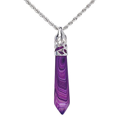 Justinstones Hexagonal Pointed Reiki Chakra Pendant Stainless Steel Chain Necklace 20 Inch Iron Gift Box - color: Purple Brazilian Agate