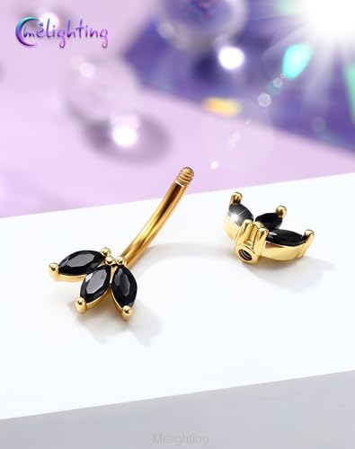 Melighting 14G Gold Lotus Belly Button Ring, Double CZ Navel Ring 316L Surgical Stainless Steel Marquise 5A CZ Steel Belly Bar 8 mm/10 mm - color: Gold Black, size: 14g10mm
