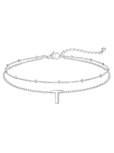 FaithHeart Initial Ankle Bracelets for Women, Waterproof 14k Gold Plated Initial Anklets Non Tarnish Stainless Steel Cute Layered Anklet Summer Beach Jewelry - color: Silver, size: Initial T