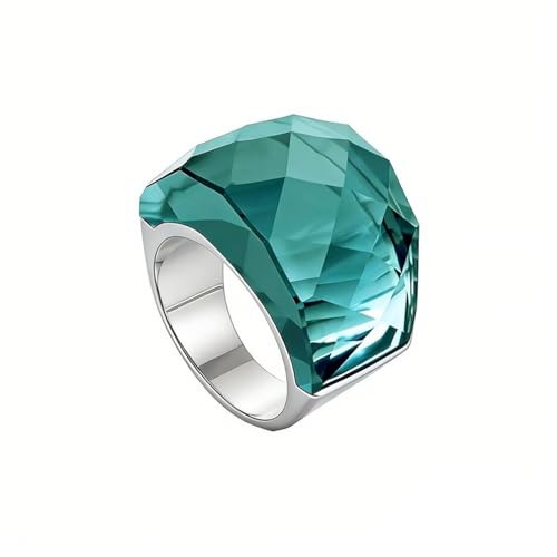 Oversize Crystal Glass Rhinestone Statement Ring Stainless Steel Pink Royal Purple Rainbow Cubic Zirconia Chunky Wedding Band for Women Cocktail Party Ring for Ladies Birthday - color: Silver Dark Green Stone