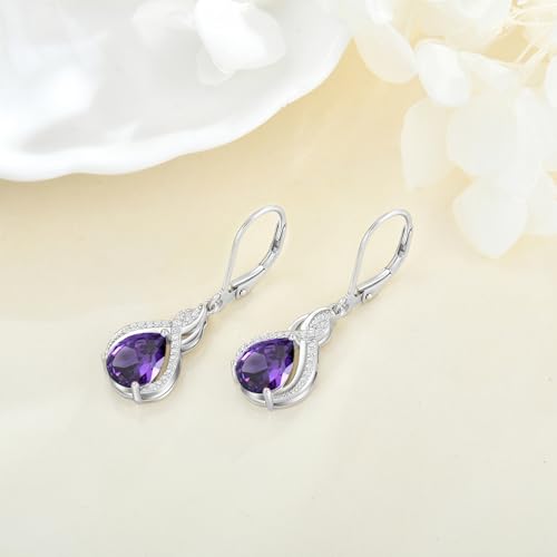925 Sterling Silver Infinity Teardrop Earrings for Women | Lwsary Dangle Drop Leverback Earrings, Pear Shaped Birthstone Jewelry for Her - color: Purple