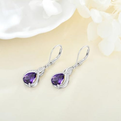 925 Sterling Silver Infinity Teardrop Earrings for Women | Lwsary Dangle Drop Leverback Earrings, Pear Shaped Birthstone Jewelry for Her - color: Purple