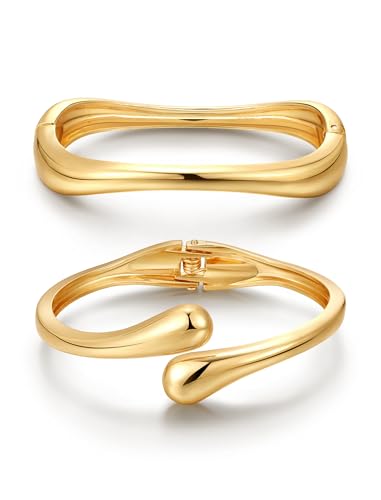 8YEARS Chunky Gold Bangle Bracelets for Women, 14k Gold Plated | Cuff Bangles, Stack Bracelet Set, Wide Trendy Fashion, Jewelry Gifts - color: A-Gold-2PCS