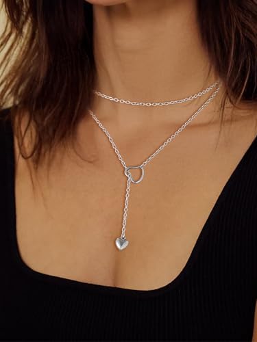 FOCALOOK Heart Lariat Necklaces for Women, Long Slip Chain Necklace | Hypoallergenic 316L Stainless Steel Silver/Black/Gold Plated, Front Slider Closure, Non Tarnish, Layered look, Everyday Wear - color: 02:Silver Heart